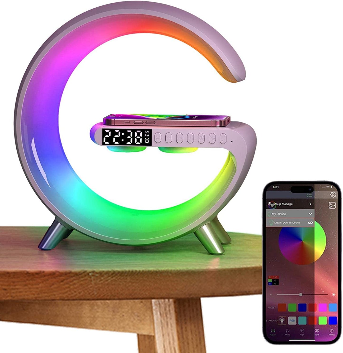 Multi - Use Charger Lamp - Bedside Lamp | 15W Fast Mobile Charger | Multi - Colour Lamp | Digital Alarm | Adjust Brightness using an App | Best Gift